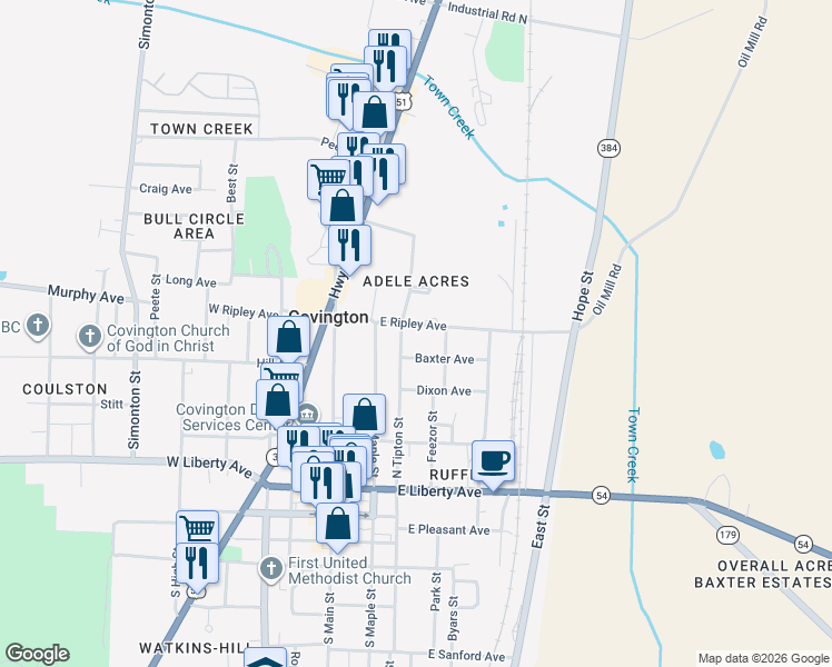 map of restaurants, bars, coffee shops, grocery stores, and more near 311 East Ripley Avenue in Covington