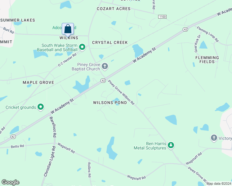 map of restaurants, bars, coffee shops, grocery stores, and more near 7805 Wilson Pond Lane in Fuquay Varina