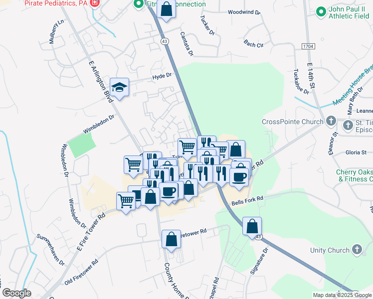 map of restaurants, bars, coffee shops, grocery stores, and more near 1923 Turnbury Drive in Greenville