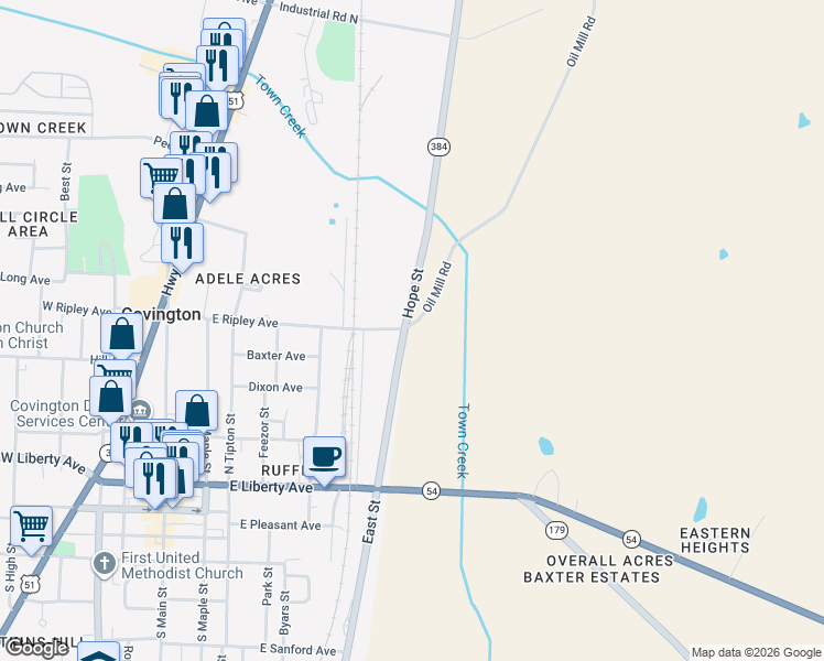 map of restaurants, bars, coffee shops, grocery stores, and more near in Covington