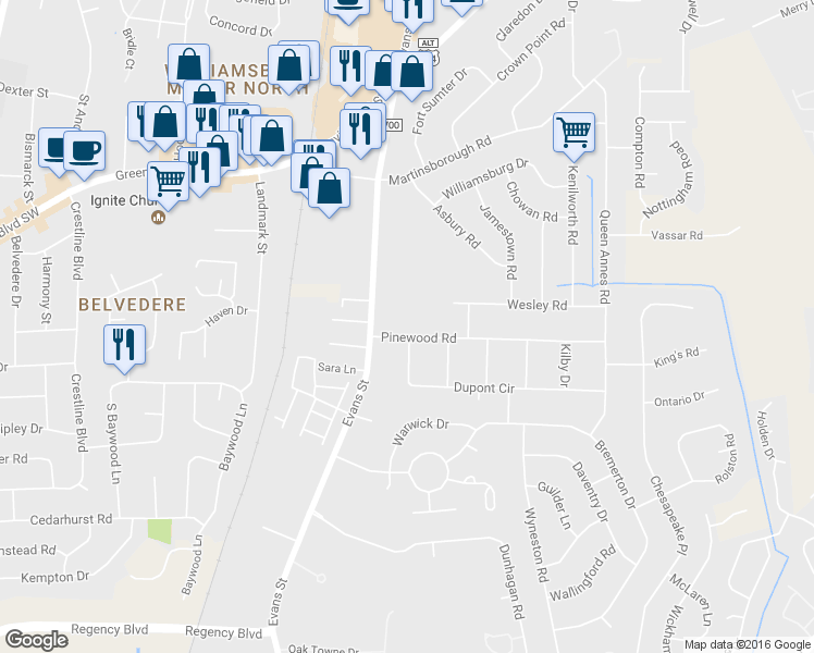 map of restaurants, bars, coffee shops, grocery stores, and more near 107 Pinewood Road in Greenville
