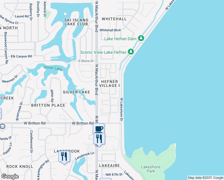 map of restaurants, bars, coffee shops, grocery stores, and more near 9810 Hefner Village Boulevard in Oklahoma City