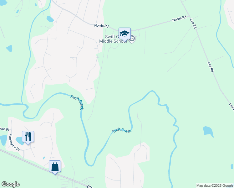 map of restaurants, bars, coffee shops, grocery stores, and more near 431 Swift Creek Farm Lane in Clayton