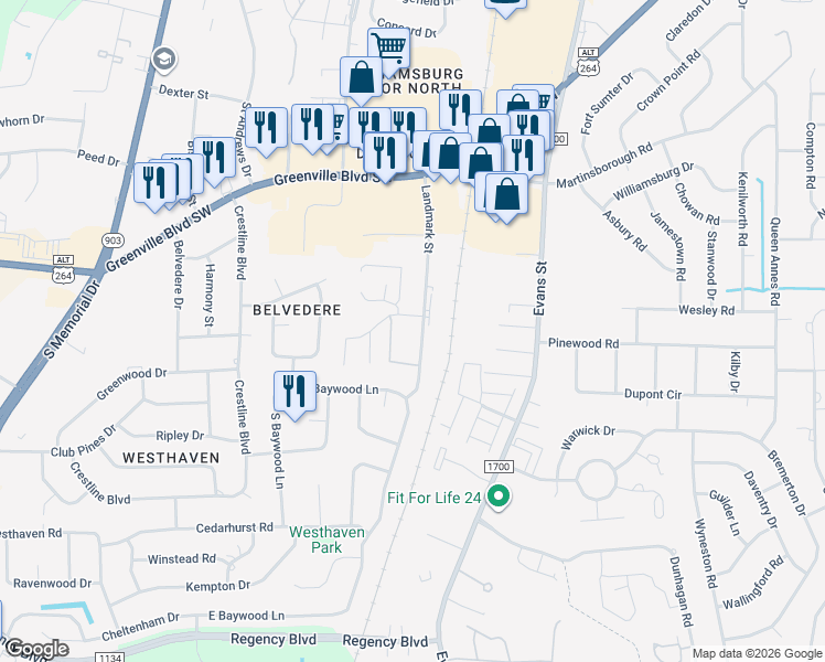 map of restaurants, bars, coffee shops, grocery stores, and more near 3308 Landmark Street in Greenville