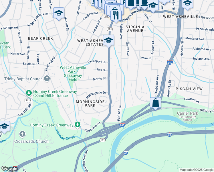 map of restaurants, bars, coffee shops, grocery stores, and more near 253 Brevard Road in Asheville