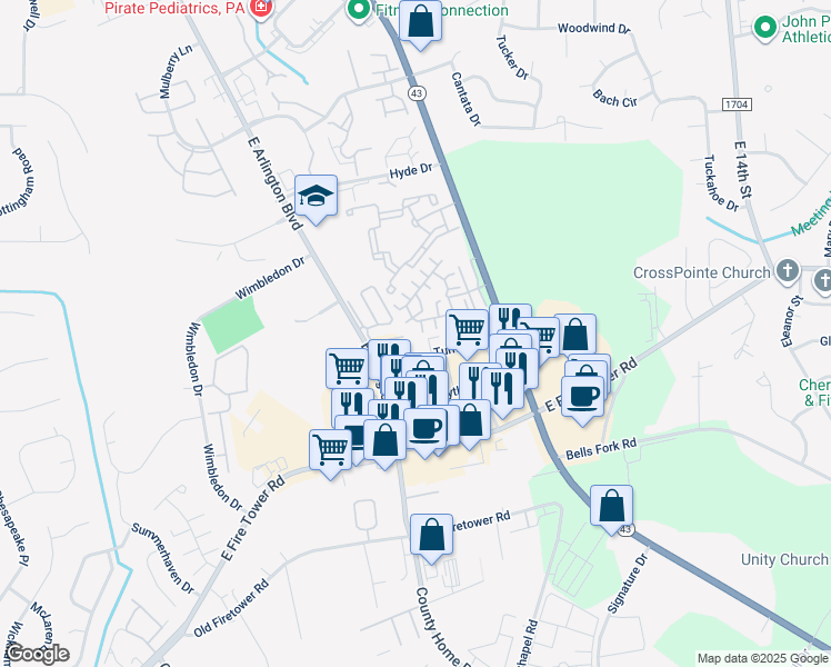 map of restaurants, bars, coffee shops, grocery stores, and more near 1938 Tara Court in Greenville