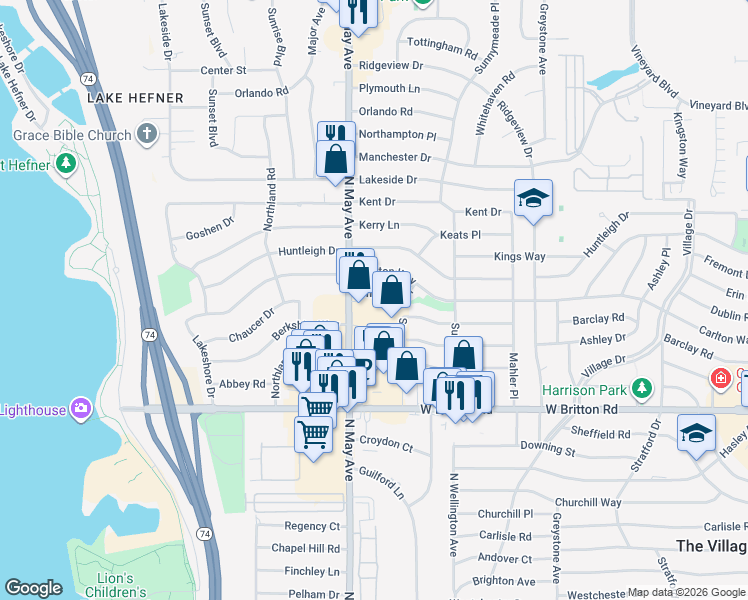 map of restaurants, bars, coffee shops, grocery stores, and more near 2824 Chaucer Drive in The Village