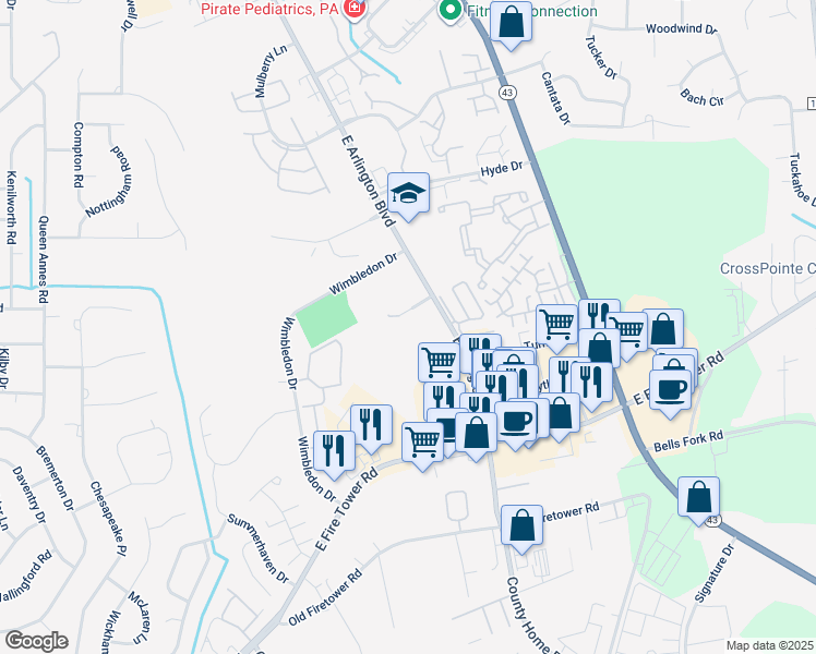 map of restaurants, bars, coffee shops, grocery stores, and more near 1804 Bradford Drive in Greenville