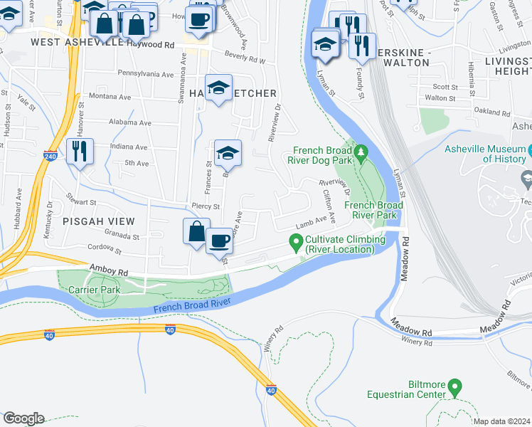 map of restaurants, bars, coffee shops, grocery stores, and more near 23 Peace Street in Asheville