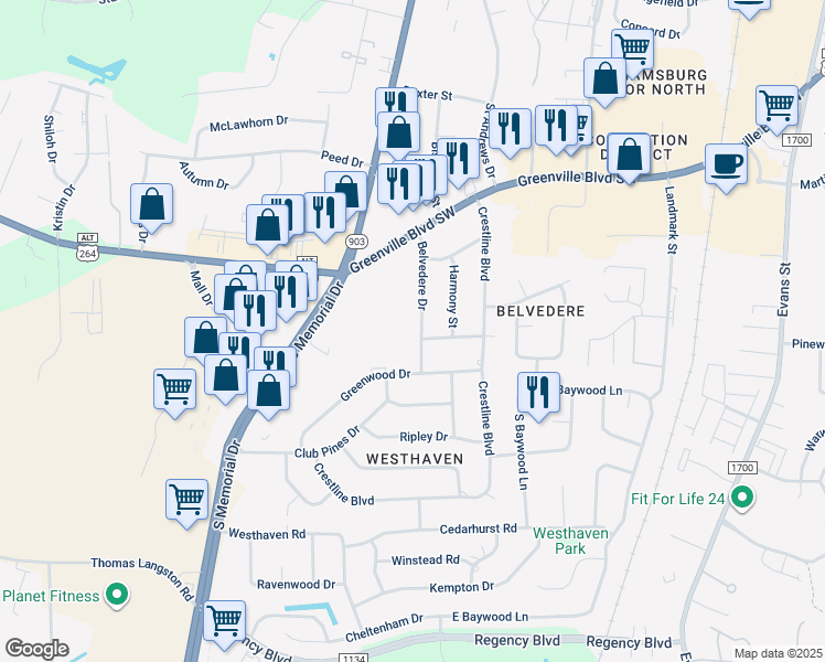 map of restaurants, bars, coffee shops, grocery stores, and more near 220 Belvedere Drive in Greenville