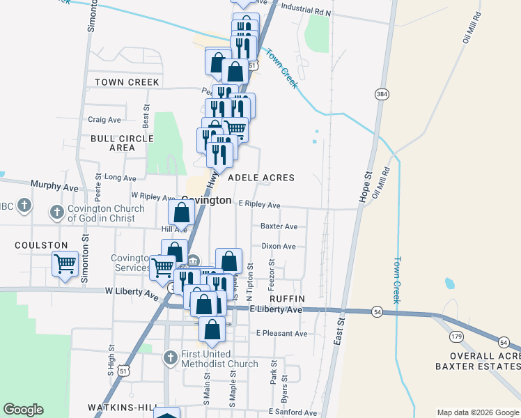 map of restaurants, bars, coffee shops, grocery stores, and more near 311 East Ripley Avenue in Covington