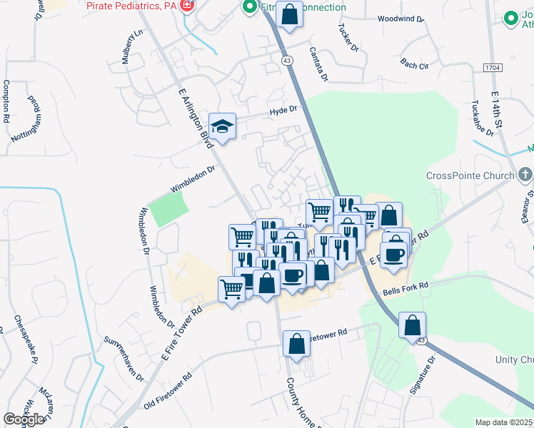 map of restaurants, bars, coffee shops, grocery stores, and more near 1904 Covengton Way in Greenville