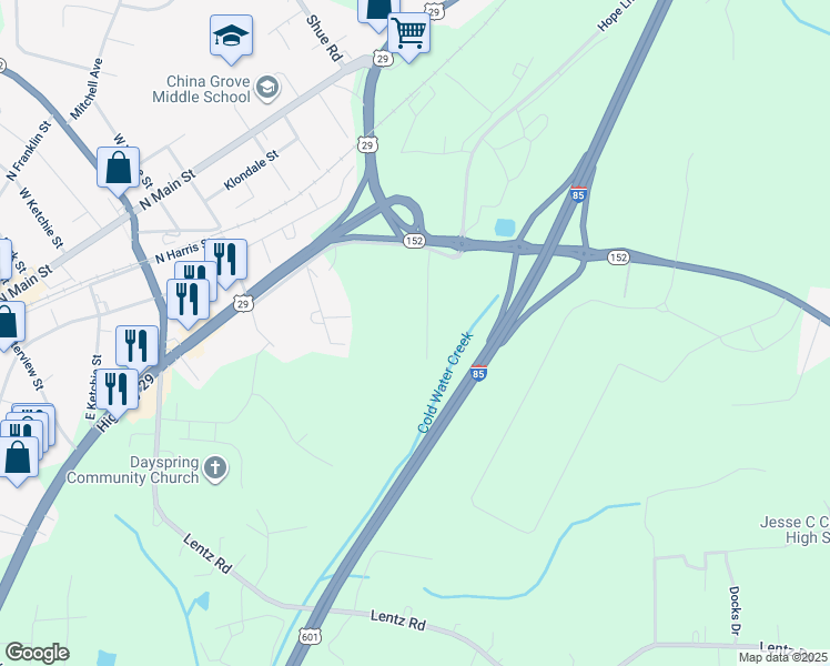 map of restaurants, bars, coffee shops, grocery stores, and more near 290 Ketchie Estates Road in China Grove