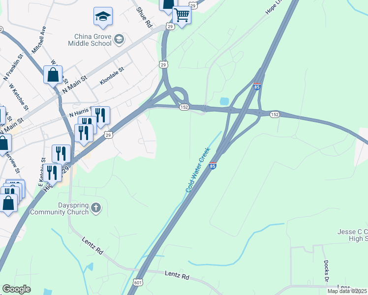 map of restaurants, bars, coffee shops, grocery stores, and more near 290 Ketchie Estates Road in China Grove