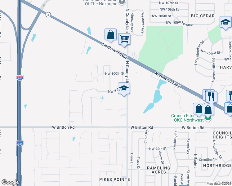 map of restaurants, bars, coffee shops, grocery stores, and more near 9040 Northwest 99th Street in Yukon