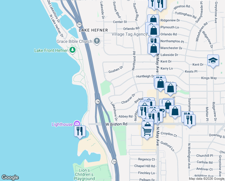 map of restaurants, bars, coffee shops, grocery stores, and more near 9805 Lakeshore Drive in The Village