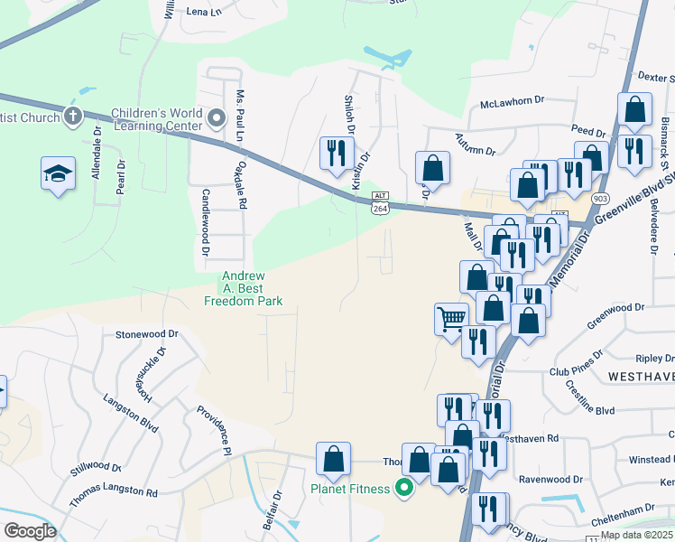 map of restaurants, bars, coffee shops, grocery stores, and more near 3364 Frontgate Drive in Greenville
