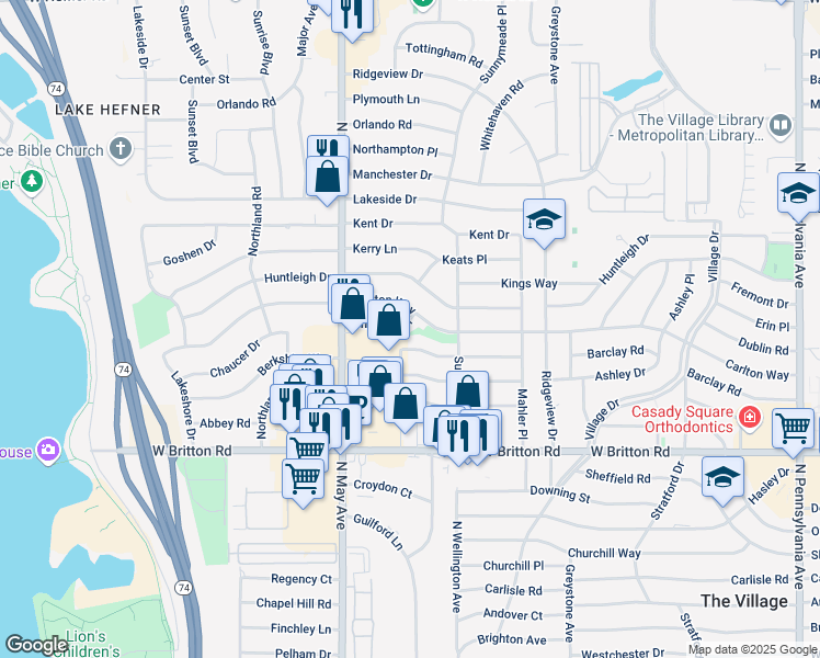 map of restaurants, bars, coffee shops, grocery stores, and more near 2800 Chaucer Drive in The Village