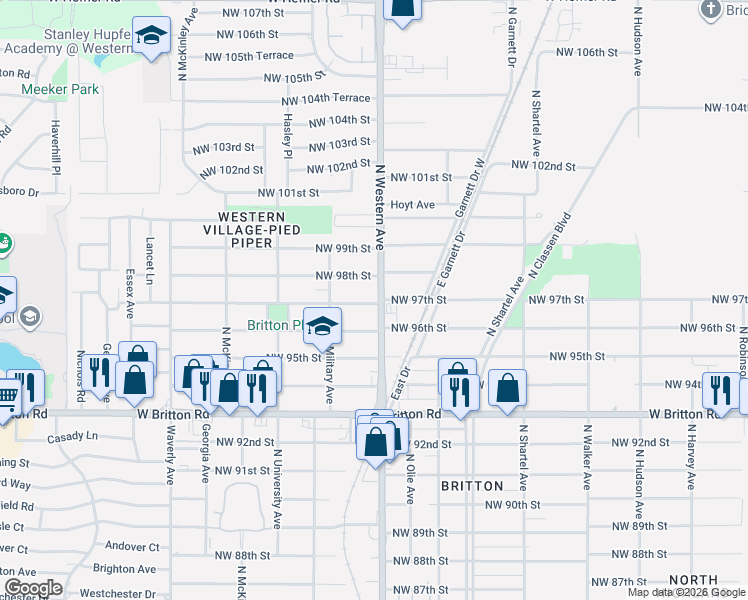 map of restaurants, bars, coffee shops, grocery stores, and more near 9801 North Western Avenue in Oklahoma City