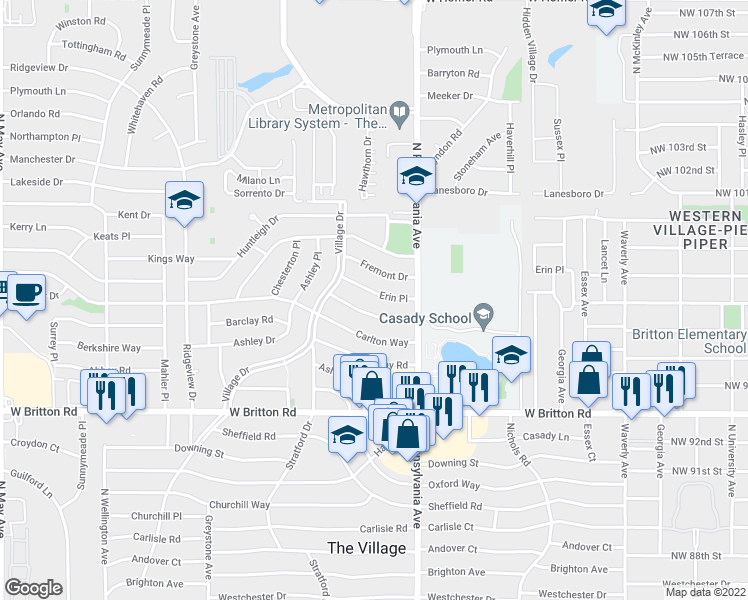 map of restaurants, bars, coffee shops, grocery stores, and more near 2128 Erin Place in Oklahoma City
