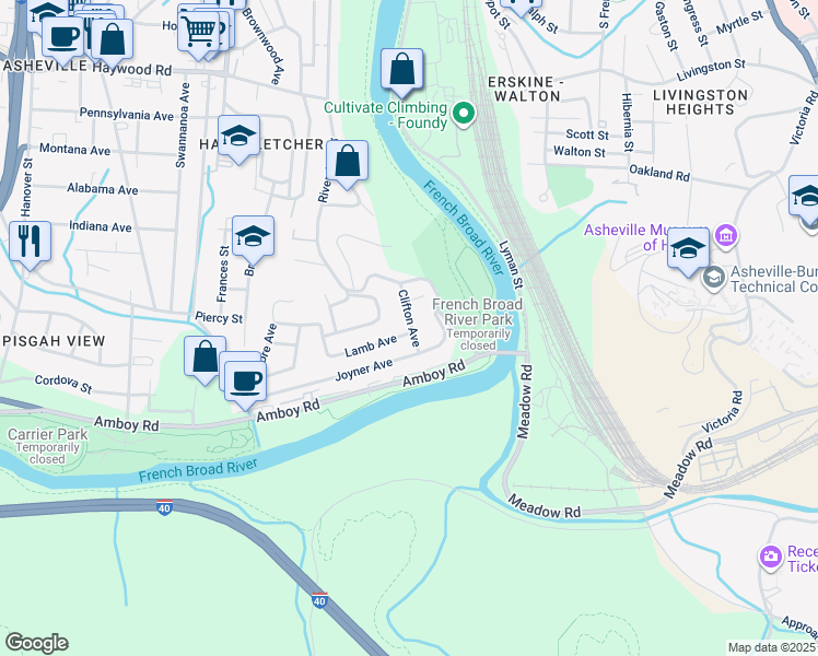 map of restaurants, bars, coffee shops, grocery stores, and more near 47 Clifton Avenue in Asheville