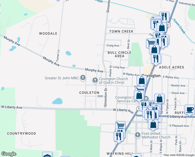 map of restaurants, bars, coffee shops, grocery stores, and more near 419 Hall Alley in Covington