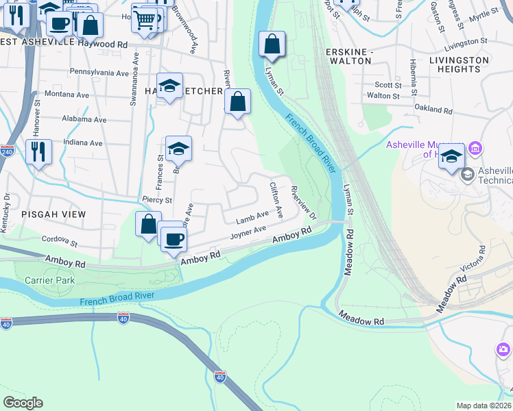 map of restaurants, bars, coffee shops, grocery stores, and more near 42 Tahkieostie Trail in Asheville