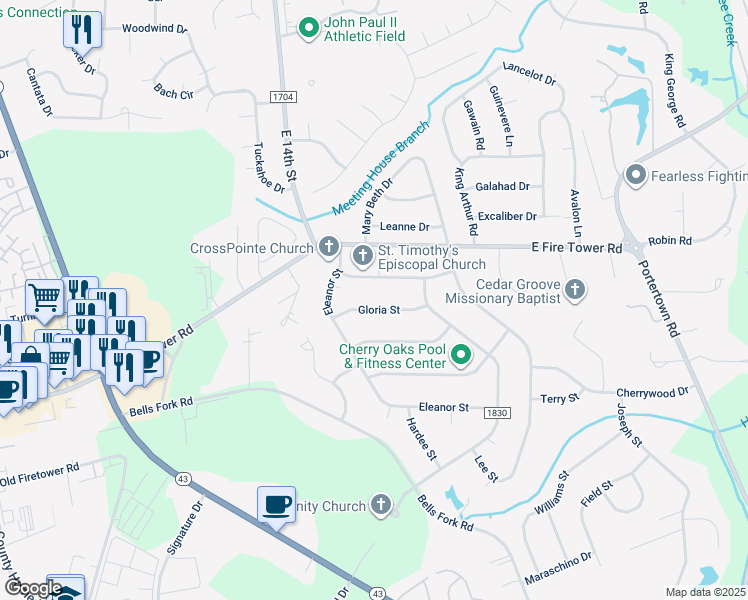 map of restaurants, bars, coffee shops, grocery stores, and more near 207 Gloria Street in Greenville