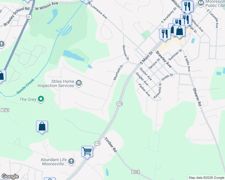 map of restaurants, bars, coffee shops, grocery stores, and more near 989 Muirfield Drive in Mooresville