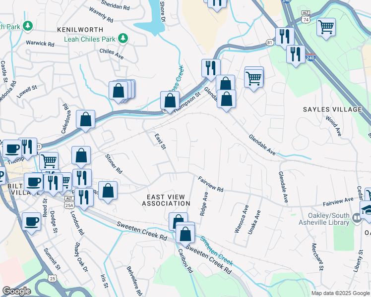 map of restaurants, bars, coffee shops, grocery stores, and more near 46 First Street in Asheville
