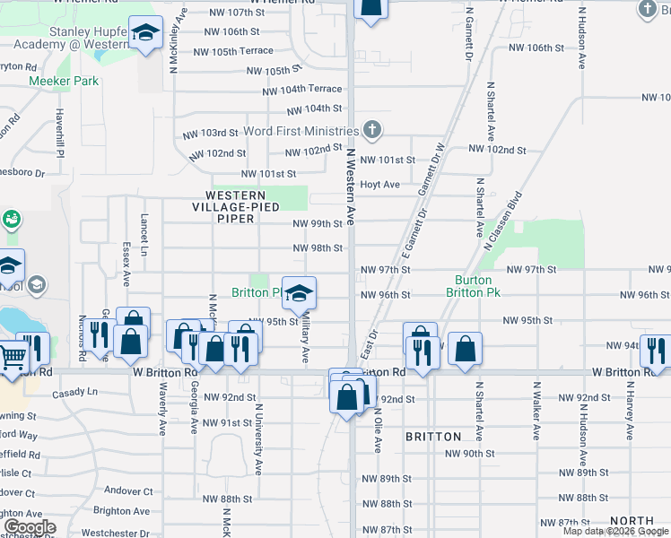 map of restaurants, bars, coffee shops, grocery stores, and more near 9801 North Western Avenue in Oklahoma City