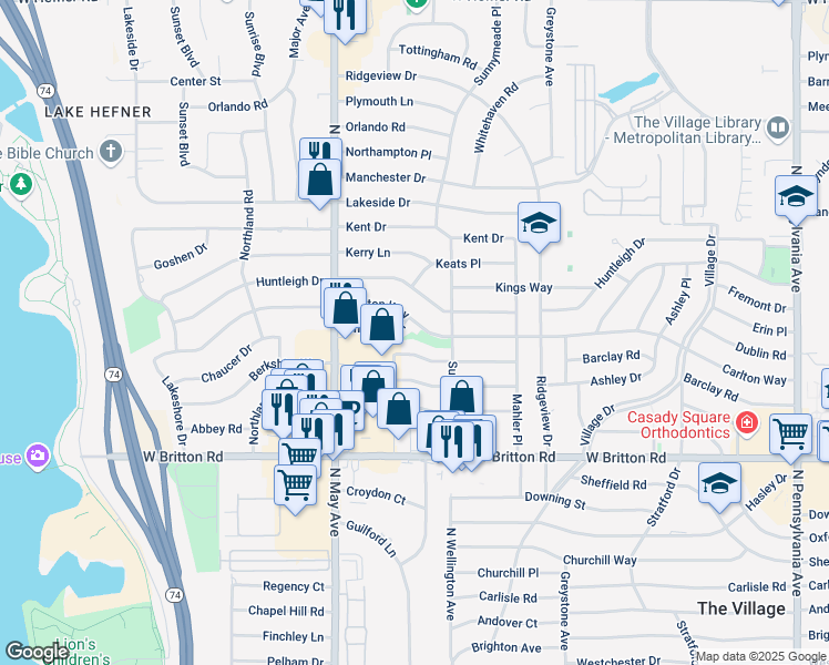 map of restaurants, bars, coffee shops, grocery stores, and more near 2800 Chaucer Drive in The Village