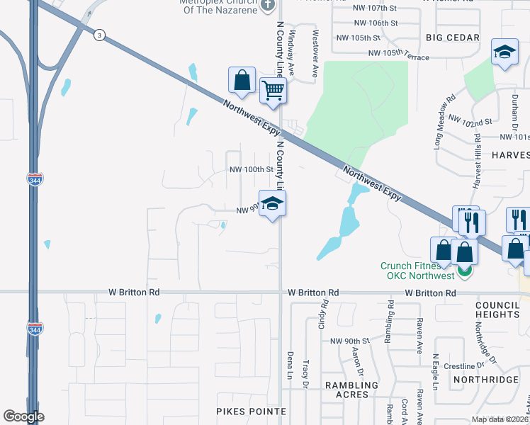 map of restaurants, bars, coffee shops, grocery stores, and more near 9040 Northwest 99th Street in Yukon