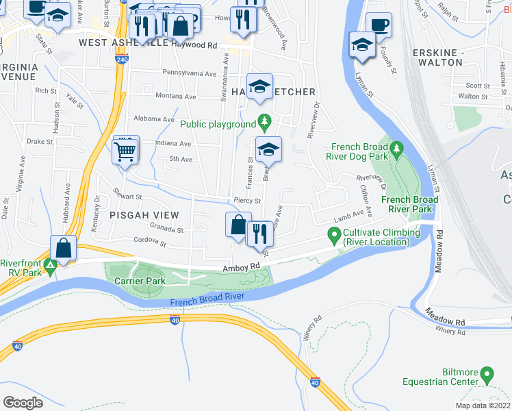 map of restaurants, bars, coffee shops, grocery stores, and more near 40 Piercy Street in Asheville