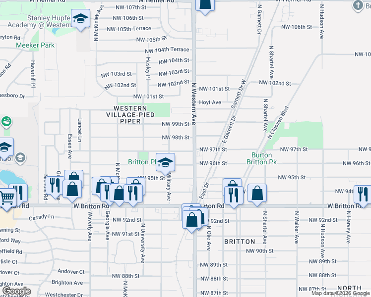 map of restaurants, bars, coffee shops, grocery stores, and more near 9801 North Western Avenue in Oklahoma City
