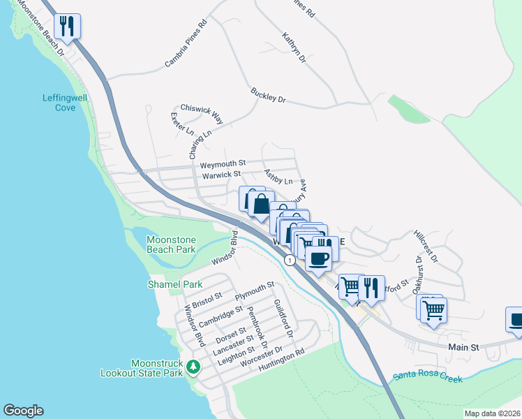 map of restaurants, bars, coffee shops, grocery stores, and more near 570 Croyden Lane in Cambria