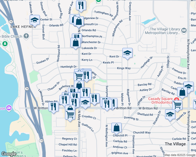 map of restaurants, bars, coffee shops, grocery stores, and more near 2800 Chaucer Drive in The Village