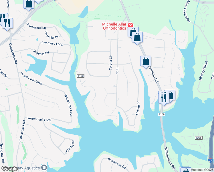 map of restaurants, bars, coffee shops, grocery stores, and more near 132 Shoreview Drive in Mooresville