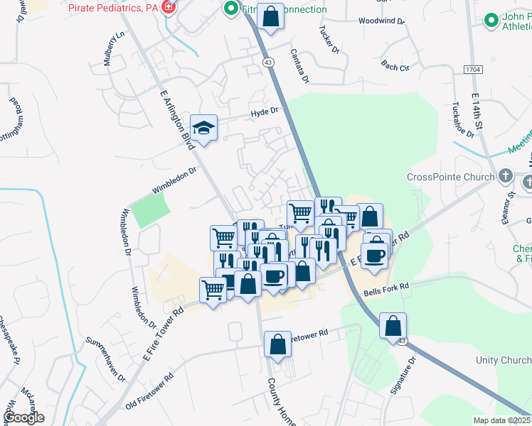 map of restaurants, bars, coffee shops, grocery stores, and more near 1938 Tara Court in Greenville