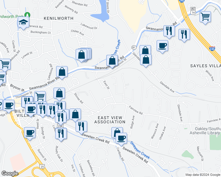map of restaurants, bars, coffee shops, grocery stores, and more near 53 East Street in Asheville