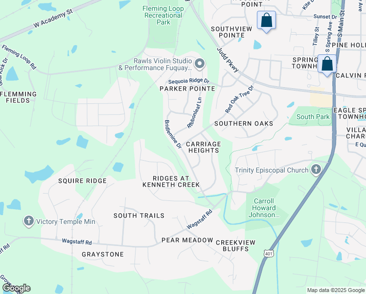map of restaurants, bars, coffee shops, grocery stores, and more near 920 Bridlemine Drive in Fuquay-Varina