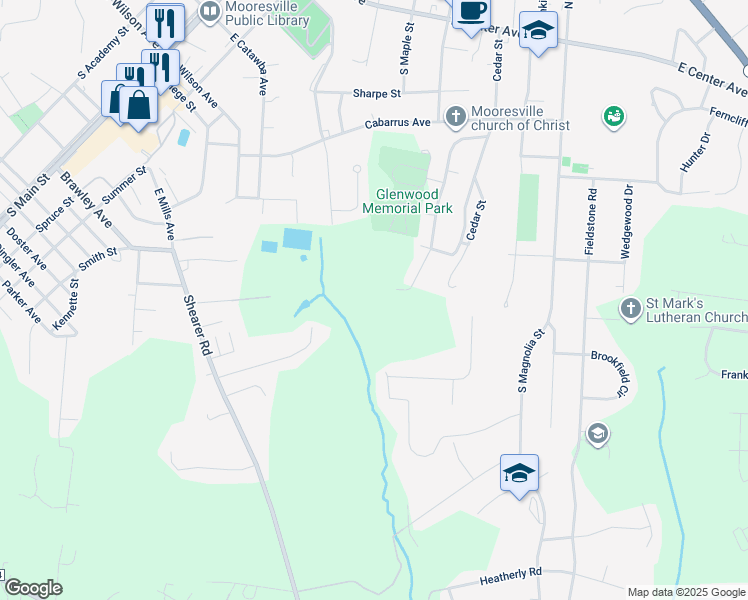 map of restaurants, bars, coffee shops, grocery stores, and more near 550 Glenwood Drive in Mooresville