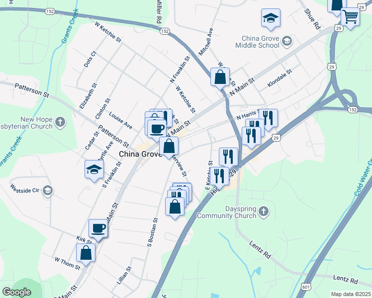 map of restaurants, bars, coffee shops, grocery stores, and more near 205 North Bostian Street in China Grove