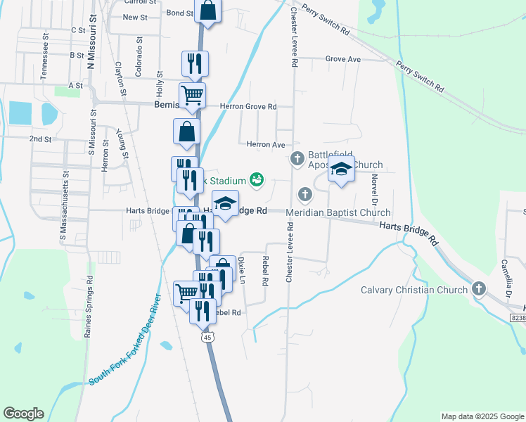 map of restaurants, bars, coffee shops, grocery stores, and more near 84 Harts Bridge Road in Jackson