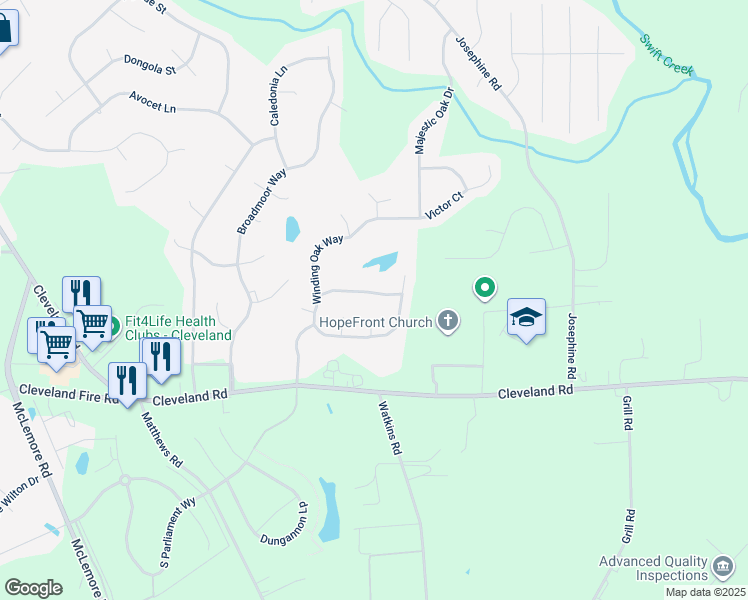 map of restaurants, bars, coffee shops, grocery stores, and more near 142 Willow Oak Trail in Clayton