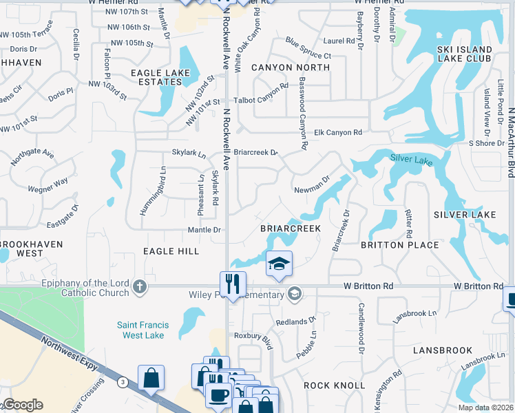 map of restaurants, bars, coffee shops, grocery stores, and more near 7012 Basswood Canyon Road in Oklahoma City