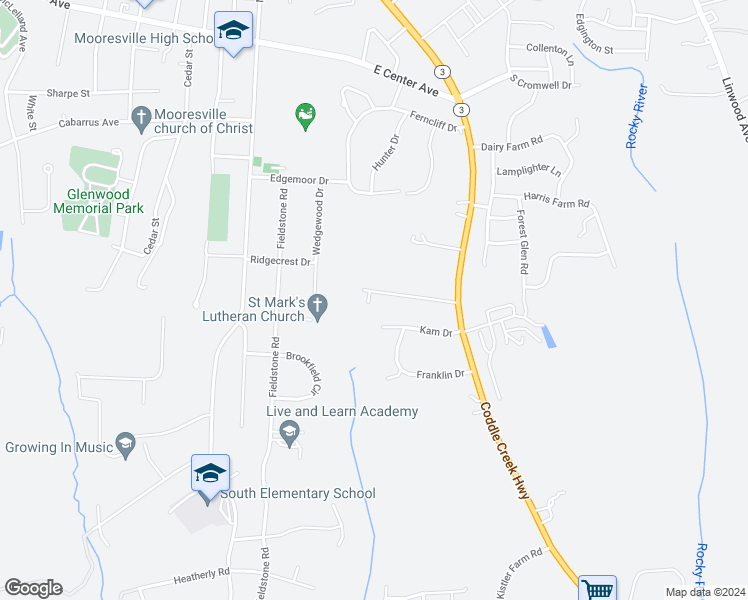map of restaurants, bars, coffee shops, grocery stores, and more near 155 Hedgewood Drive in Mooresville