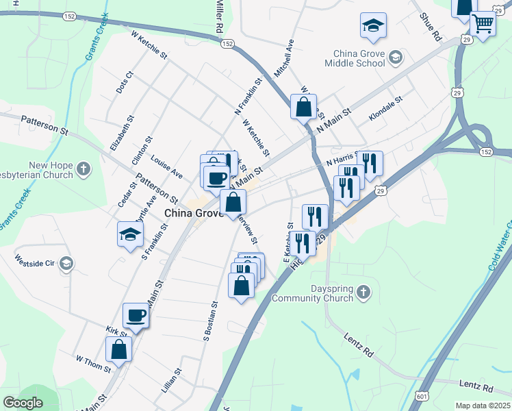 map of restaurants, bars, coffee shops, grocery stores, and more near 205 North Bostian Street in China Grove