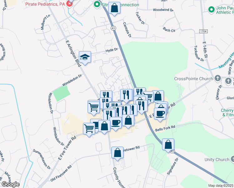 map of restaurants, bars, coffee shops, grocery stores, and more near 1940 Tara Court in Greenville