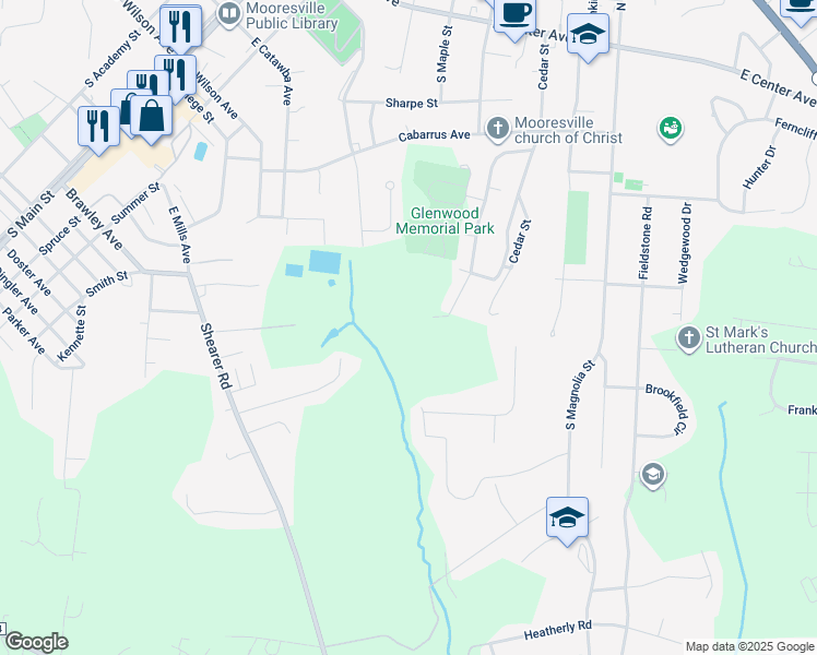 map of restaurants, bars, coffee shops, grocery stores, and more near 550 Glenwood Drive in Mooresville